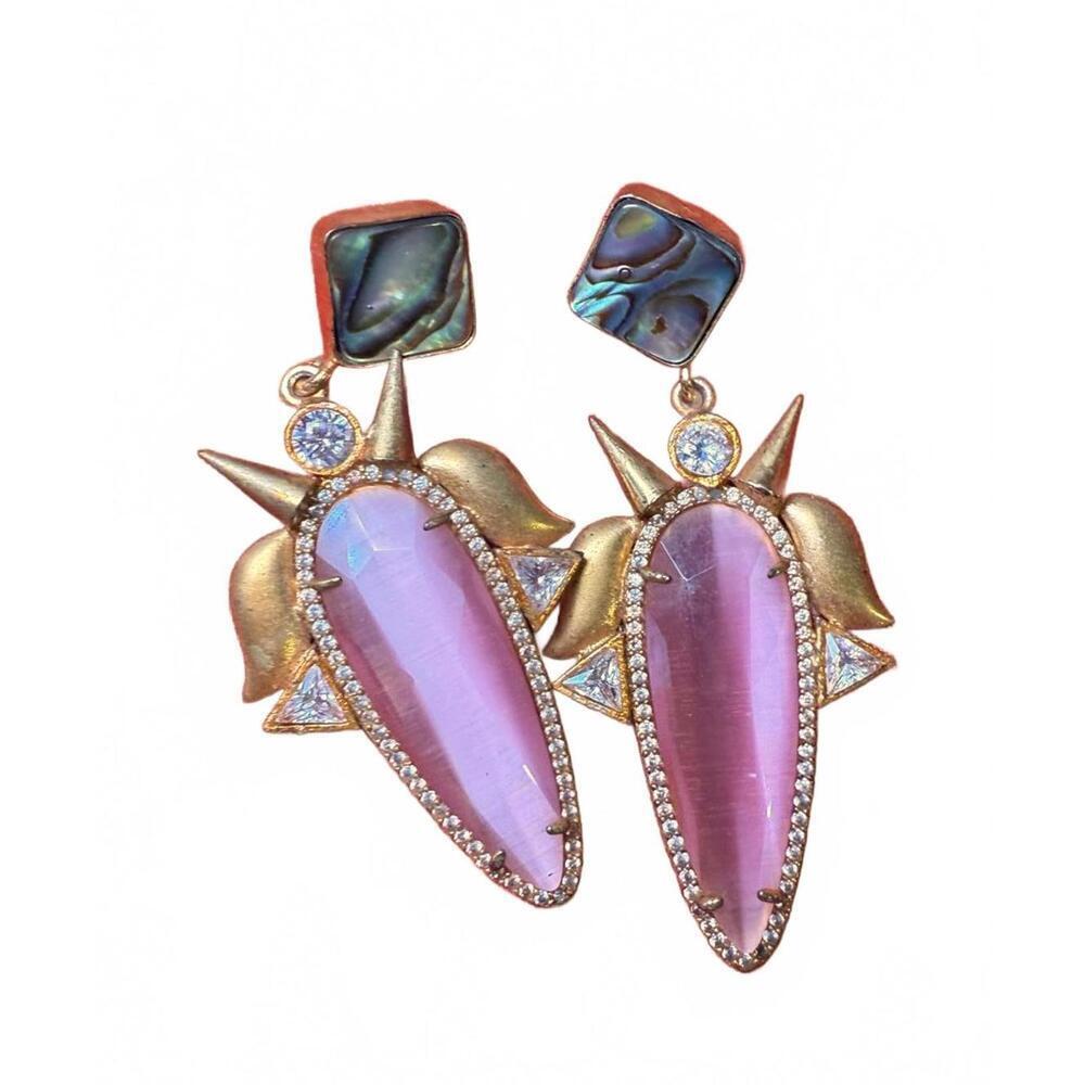 New Nazila Couture Pink Gemstone and Abalone Earrings with Gold Spikes